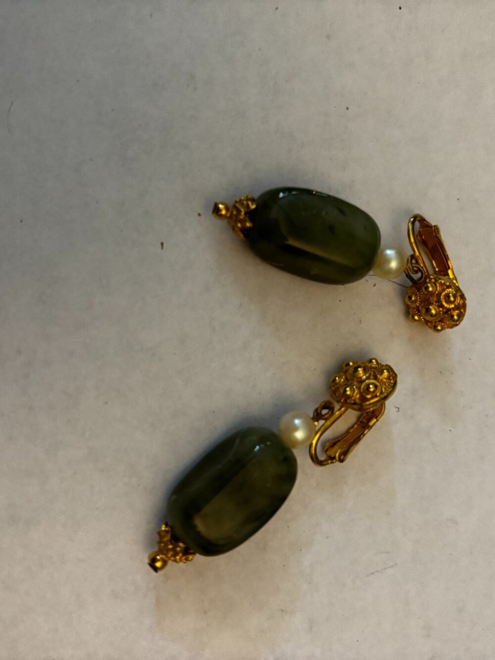 Clip on earrings gold tone green lucite pearl dangles